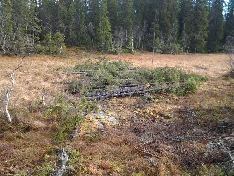 Stian Hauger, Geir Skari og ? kavler i sørenden av Svartbekktjernet der løypemaskinen gled ut i vinter. Foto: Stian Hauger.