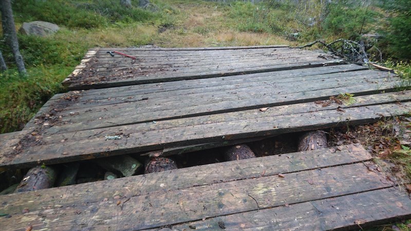 Noen av bruene trenger reparasjon. Hilde Reh Stensrud og fotograf Bo Engdahl ble sendt ut på langtur for å fjerne planker og telle behov for nye planker som vil bli kjørt inn på snøføre. Her brua ved Svartbekkhytta.