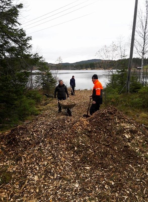 Et lass=mange trillebårlass. Hege Marie Godli, Paul Hagen og Olaf Godli jobber ved Belteren. Foto: Tom Erik Johnsen