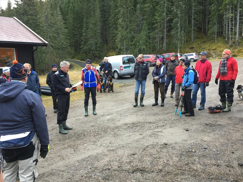 Samling på p-plassen: Anne K. Gløersen, Leif Øie, Sverre Sjøblom, Stian Hauger, Tore H. Rasmussen, Kjell Ivar Skjemstad, Anders Nordby, Thorvald G. Moe, Margarete Wiese, Pål H. Rasmussen, Ingrid Hartmark, Berit Fløgstad, Oddmund Mellemstrand, Terje Osmundsen og Pan. Foto Lene Li Dragland