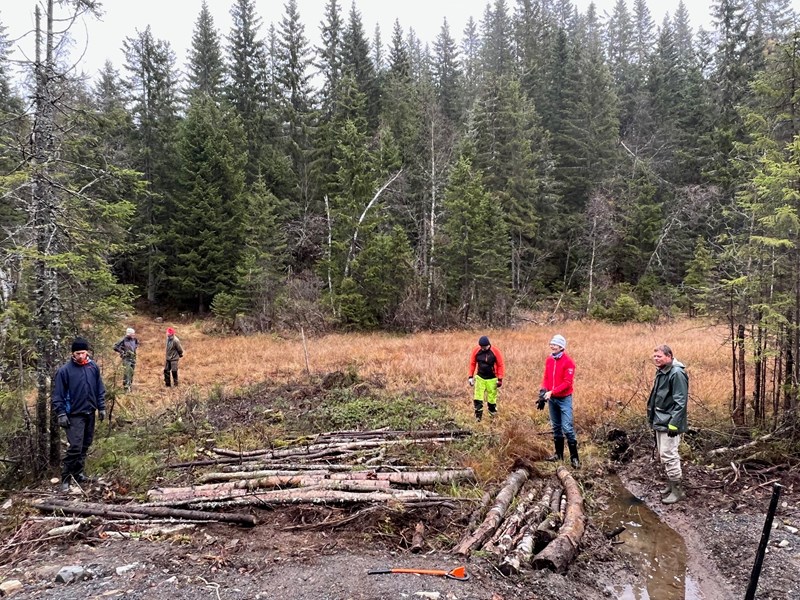 Tore Broholt, Terje Ermesjø, Edgar Bakken, Finn Hammer, Halvor Ulven, Stine Maria Ulven og Tore Hansen jobbet med løypene ved Elgkollen-Snålvegen mot Trantjern. Her kavling ved kryssingen opp mot Elgkollen. Foto: Terje Ermesjø.