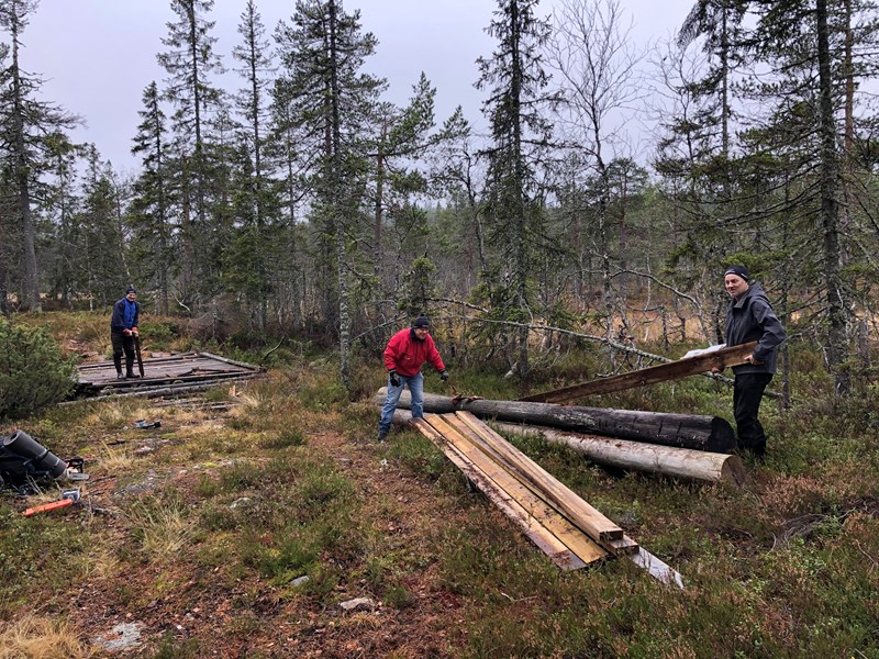 Ragnar Bang Huseby, Terje Stensberg og Lars Petter Fjeld reparerer bru i Grønntjernløypa Foto: Tore Heldrup Rasmussen