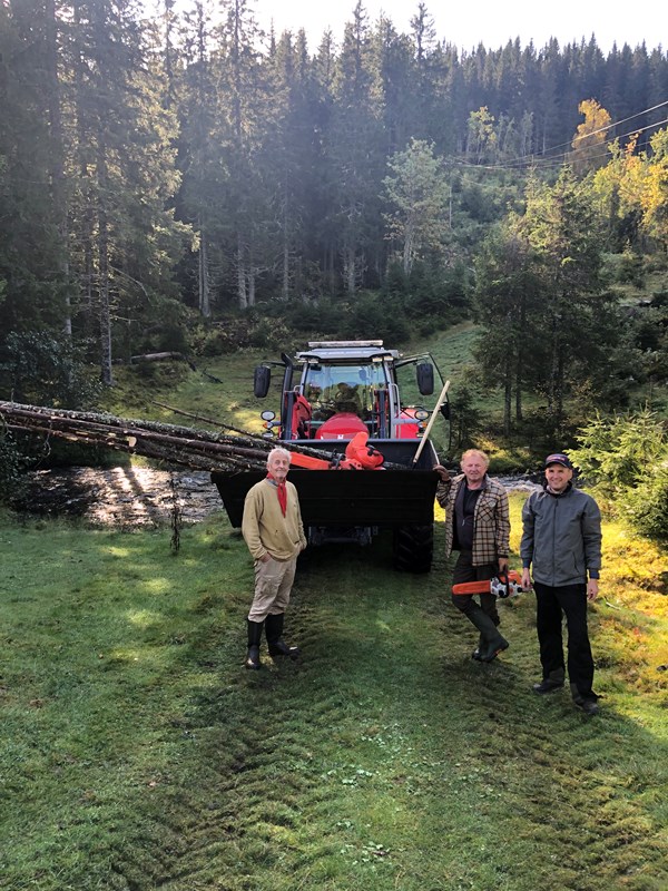 Anders Heger, Sverre Sjøblom, Harald Martinsen og Tore Heldrup Rasmussen sto for rydding og utkjøring bark, her ved Myllsoset. De hentet også ut raier fra skogen. De skal brukes som rødmerkede stolper i løypene. Foto: Tore H. Rasmussen